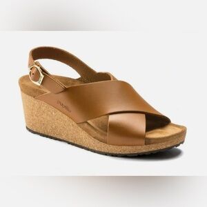 NWT Papillio Samira Ring-Buckle Ginger Brown Leather Wedge Sandals Sz 38